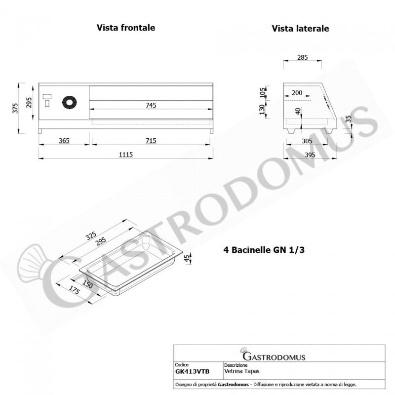 Vetrina tapas 4 bacinelle GN1/3 160 W L 1120 mm x P 395 mm x H 375 mm - vista frontale e laterale