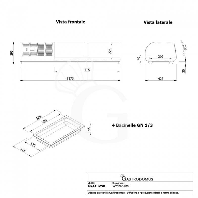 Vetrina sushi 4 bacinelle GN1/3 190 W L 1177 mm x P 420 mm x H 265 mm - vista frontale e laterale