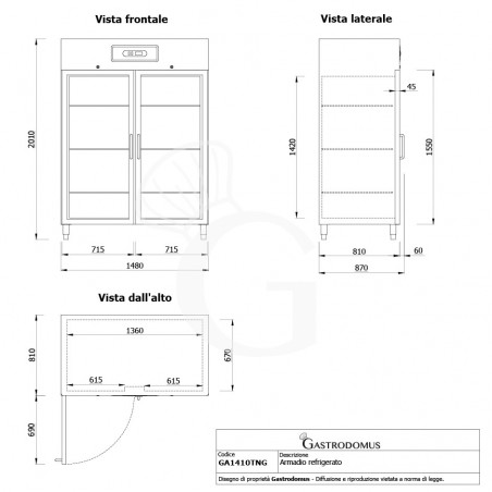 Armadio refrigerato ventilato 2 porte vetro -2°C/+8°C 1333 LT - Vista frontale e laterale Armadio refrigerato ventilato 2 porte vetro -2°C/+8°C 1333 LT - Vista frontale e laterale