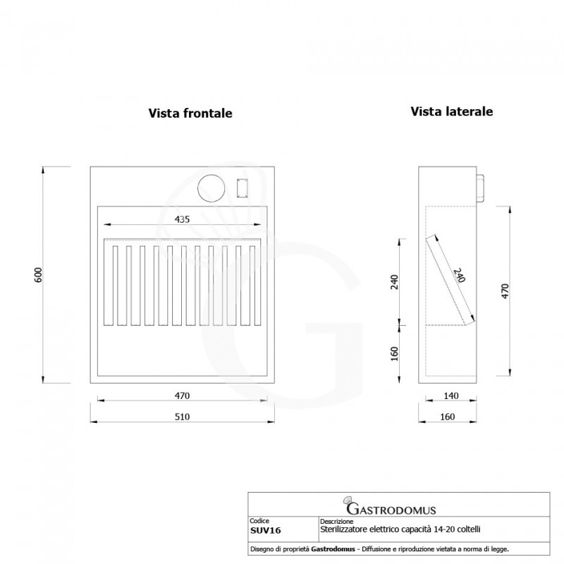 Sterilizzatore elettrico capacità 14-20 coltelli - dimensioni L 510 mm x P 160 mm x H 600 mm - vista frontale e laterale