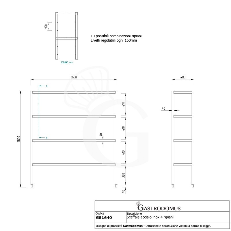 Scaffale Acciaio Inox 4 ripiani L 1600 mm x P 400 mm x H 1800 mm