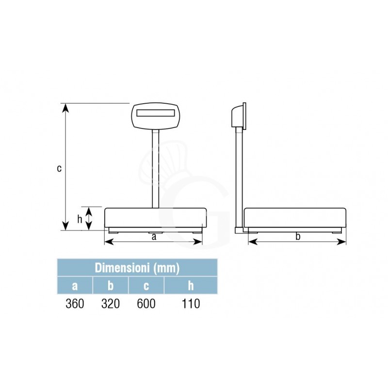 Bilancia monocella completa portata 60 Kg precisione 5 g L 360 mm x P 320 mm x H 600 mm, scheda tecnica