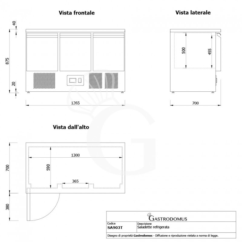Saladette refrigerata 3 porte, temperatura +2°C/+8°C, piano in inox - Vista frontale e laterale