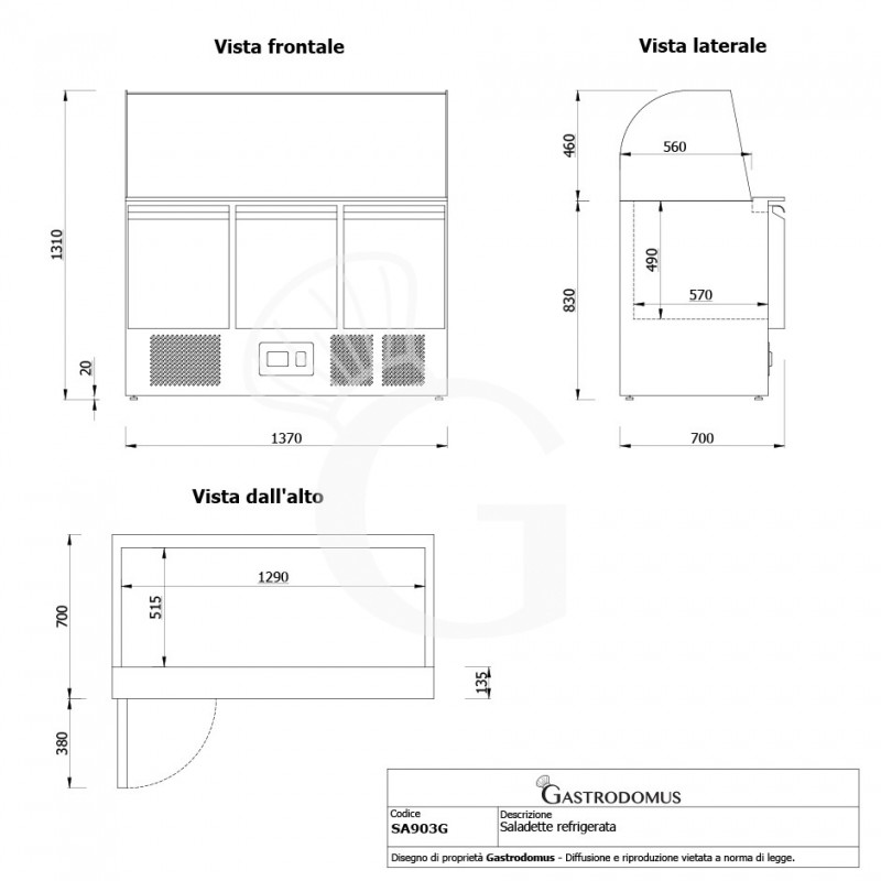 Saladette 3 porte per 4 bacinelle GN1/1 con vetro curvo - Vista frontale e laterale