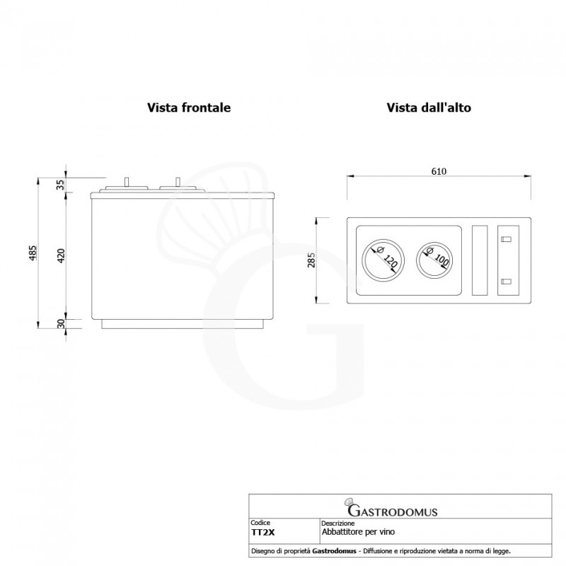 Abbattitore per vino da banco Elettrico 2 bottiglie L 605 mm x P 283 mm x H 445 mm - Vista frontale e dall'alto