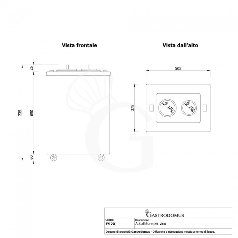 Abbattitore per vino con ruote elettrico 2 bottiglie L 500 mm x P 370 mm x H 720 mm - vista frontale e dall'alto