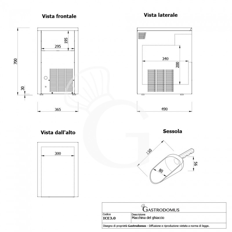 Produttore di ghiaccio monofase kg 30/24h cubetto pieno - vista frontale e laterale