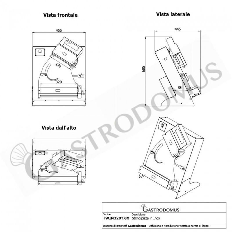 Stendipizza in inox con rulli inclinati in PEHD per pizze diam. 14/29 cm avviamento automatico -Vista frontale e laterale