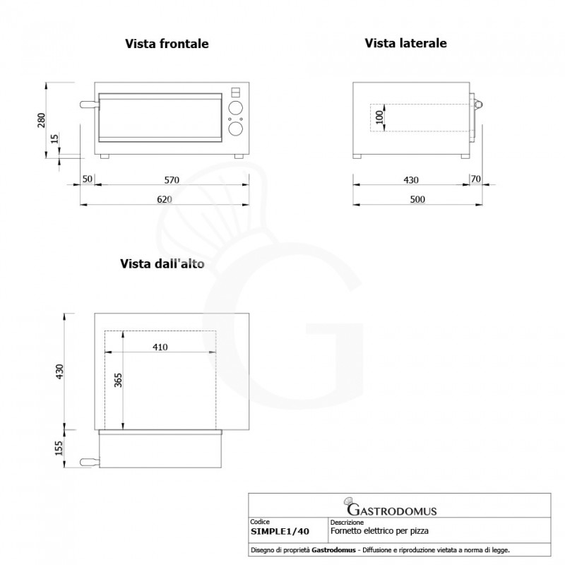 Fornetto Elettrico 1 pizza diametro 320 mm- vista frontale e laterale