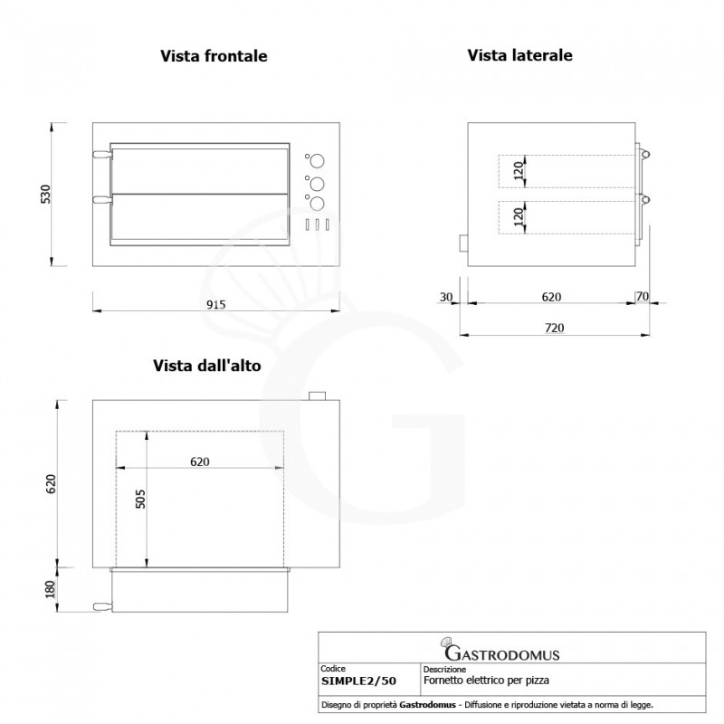 Fornetto Elettrico 2 pizze diametro 450 mm - vista frontale e laterale