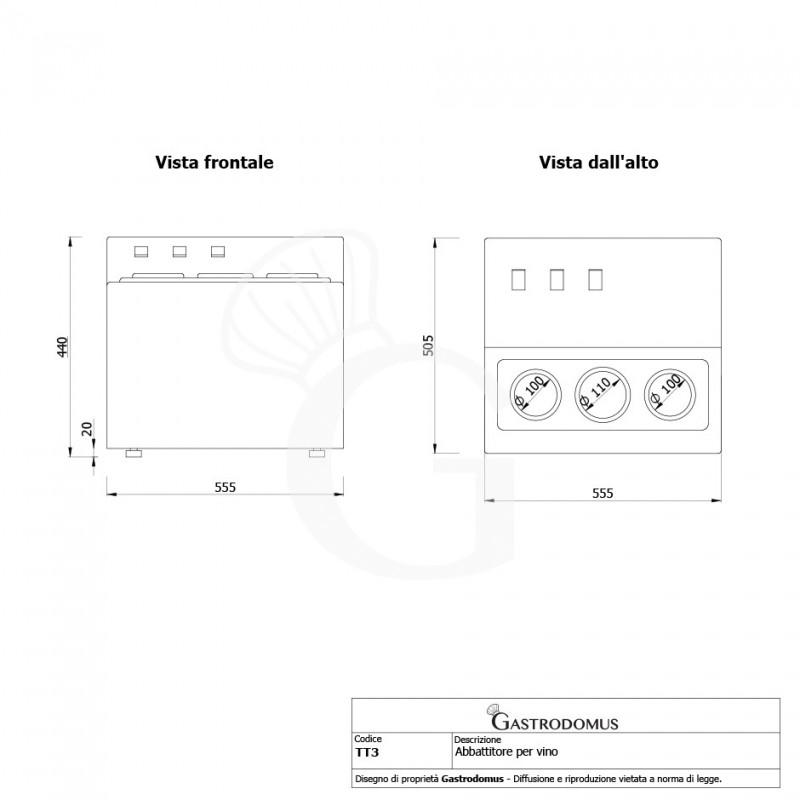 Abbattitore per vino da banco elettrico 3 bottiglie L 550 mm x P 503 mm x H 429 mm - Vista frontale e laterale