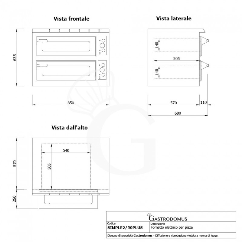 Fornetto Elettrico 2 pizze Ø 450 mm 2 camere potenza 8 Kw porta vetro con luce - Completo di guide per inserimento delle teglie