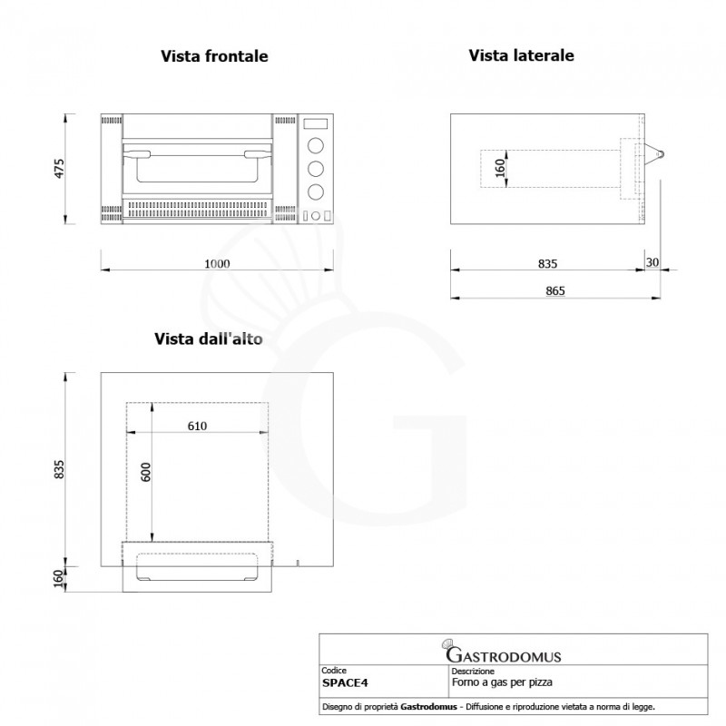 Forno Gas per 4 pizze diametro 300 mm - Vista frontale e laterale