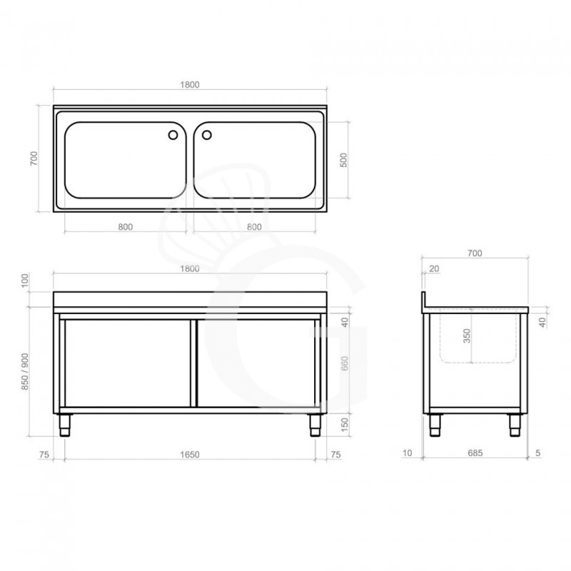 Lavatoio su armadio, porte scorrevoli, 2 vasche, alzatina, L 1800 x P 700 x H 965 mm - con foro rubinetto Ø 32 mm