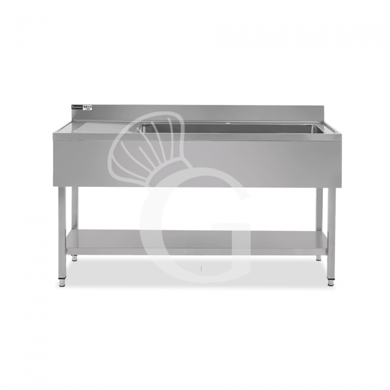 Lavello semplice 1 vasca e gocciolatoio a sinistra,ripiano,alzatina, L1600xP600xH965mm - con foro rubinetto Ø 32 mm
