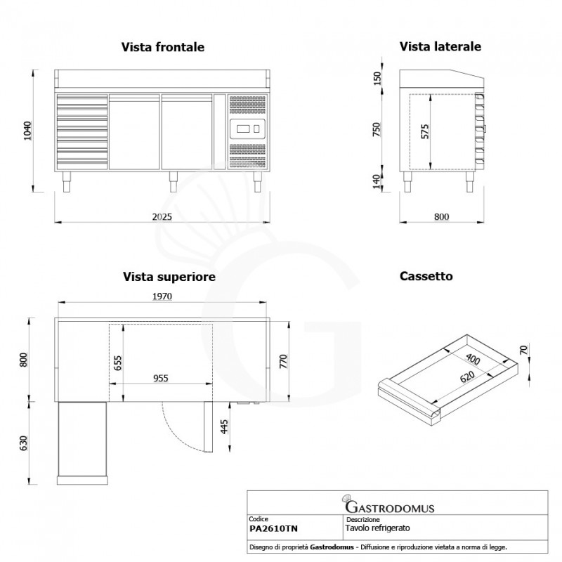 Banco pizza 600x400 2 porte 7 cassetti 390 LT - vista frontale e laterale