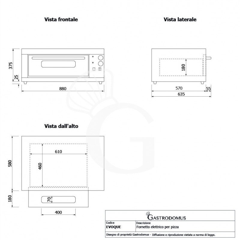 Fornetto Elettrico 1 pizza diametro 320 mm 1 camera controllo meccanico temperatura 320°C potenza 3,2 Kw